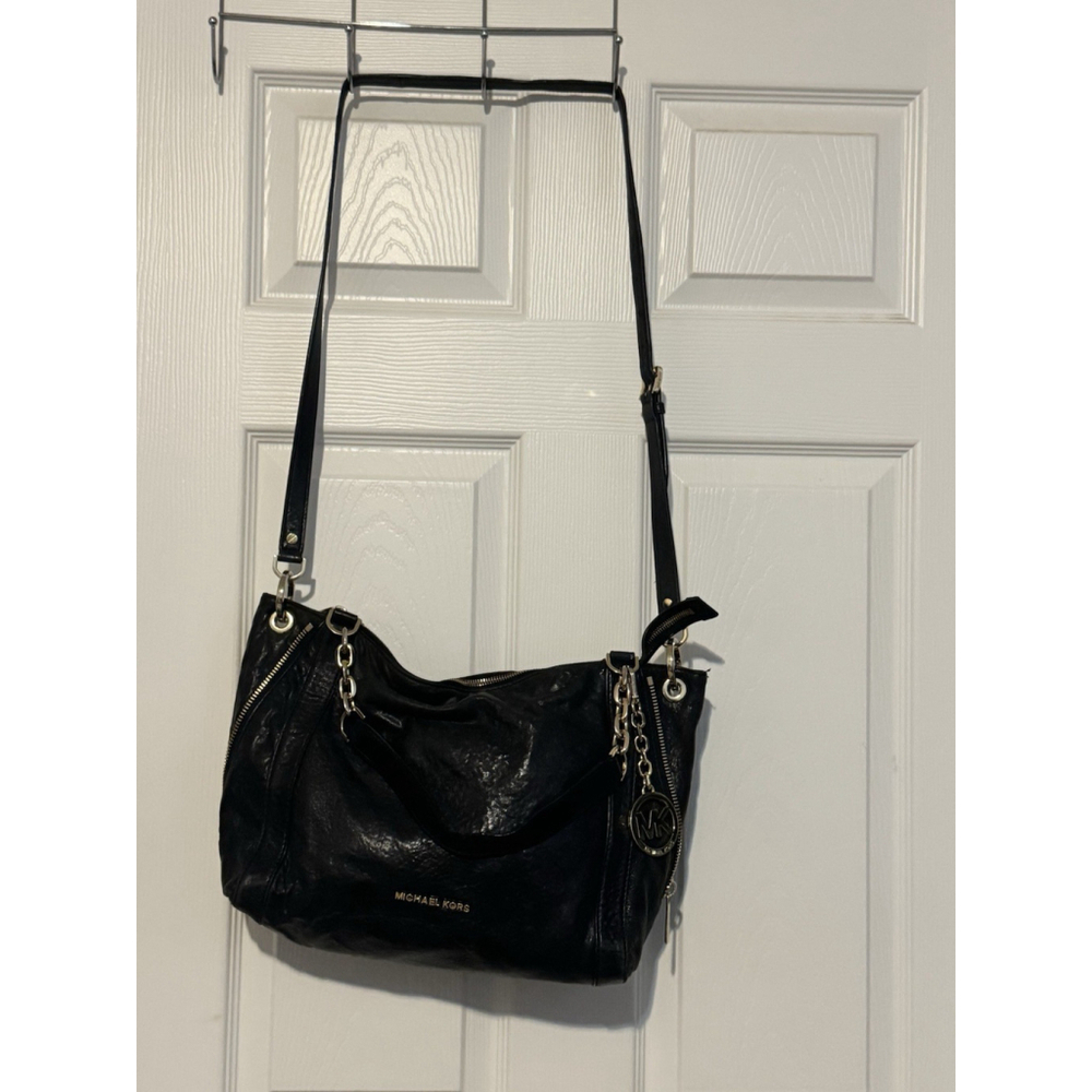 Michael Kors Stanthorpe Black Purse Crossbody Leather Gold Hobo Bag GUC Vintage